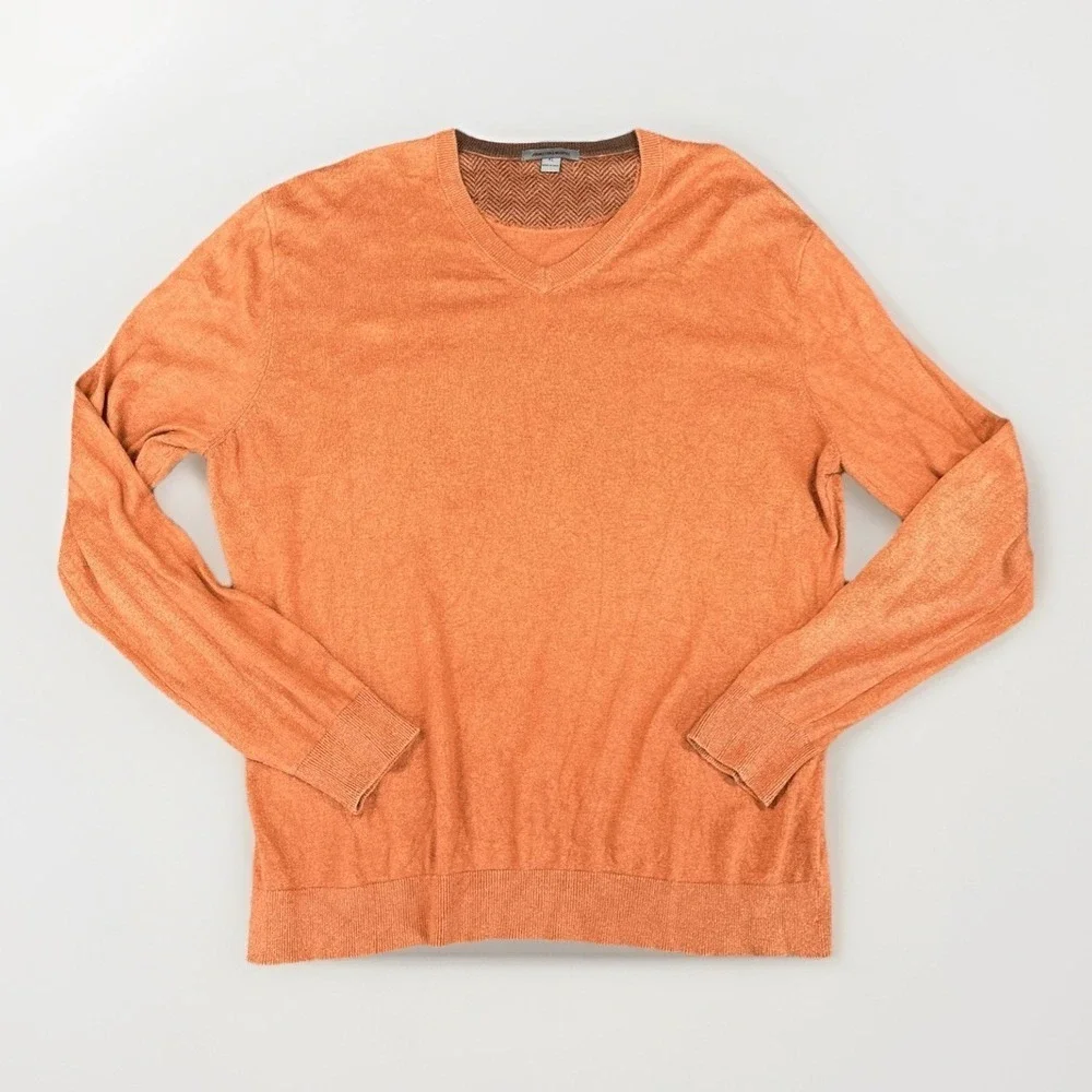 Mens‎ Silk Blend V Neck Sweater Size XL Orange Peppy Quiet Luxury Ivy League